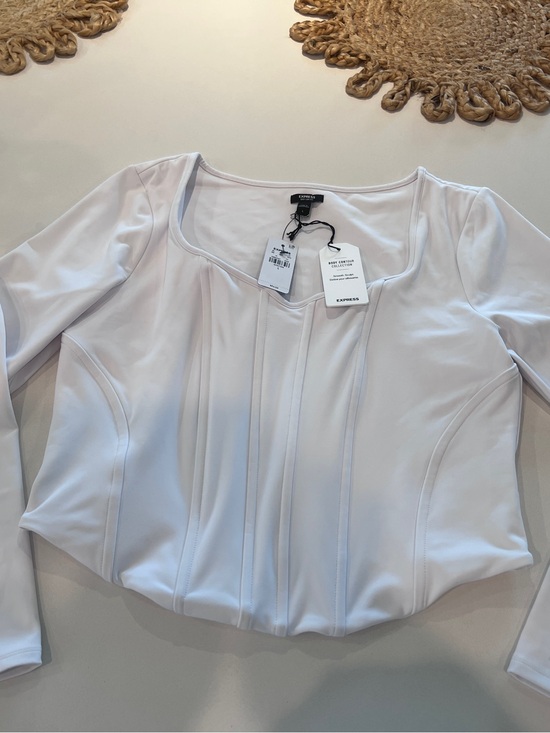 Express Tops - Express Body Contour High Compression Long Sleeve Corset Top White Size L